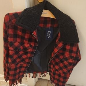 CHAPS Red and Black Plaid Jacket With FRINGE